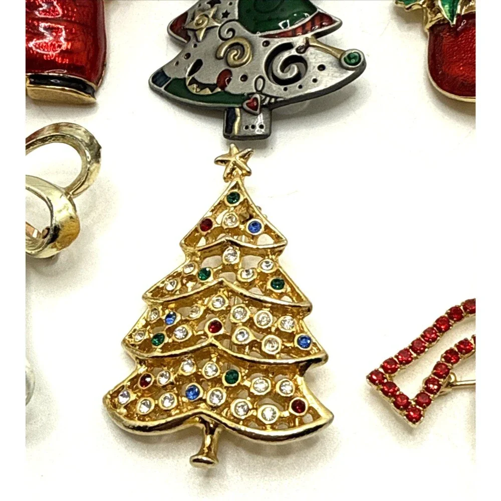 Vintage Rhinestone Enamel Christmas Brooches Trees Bells Wreaths Stockings 12 Pc